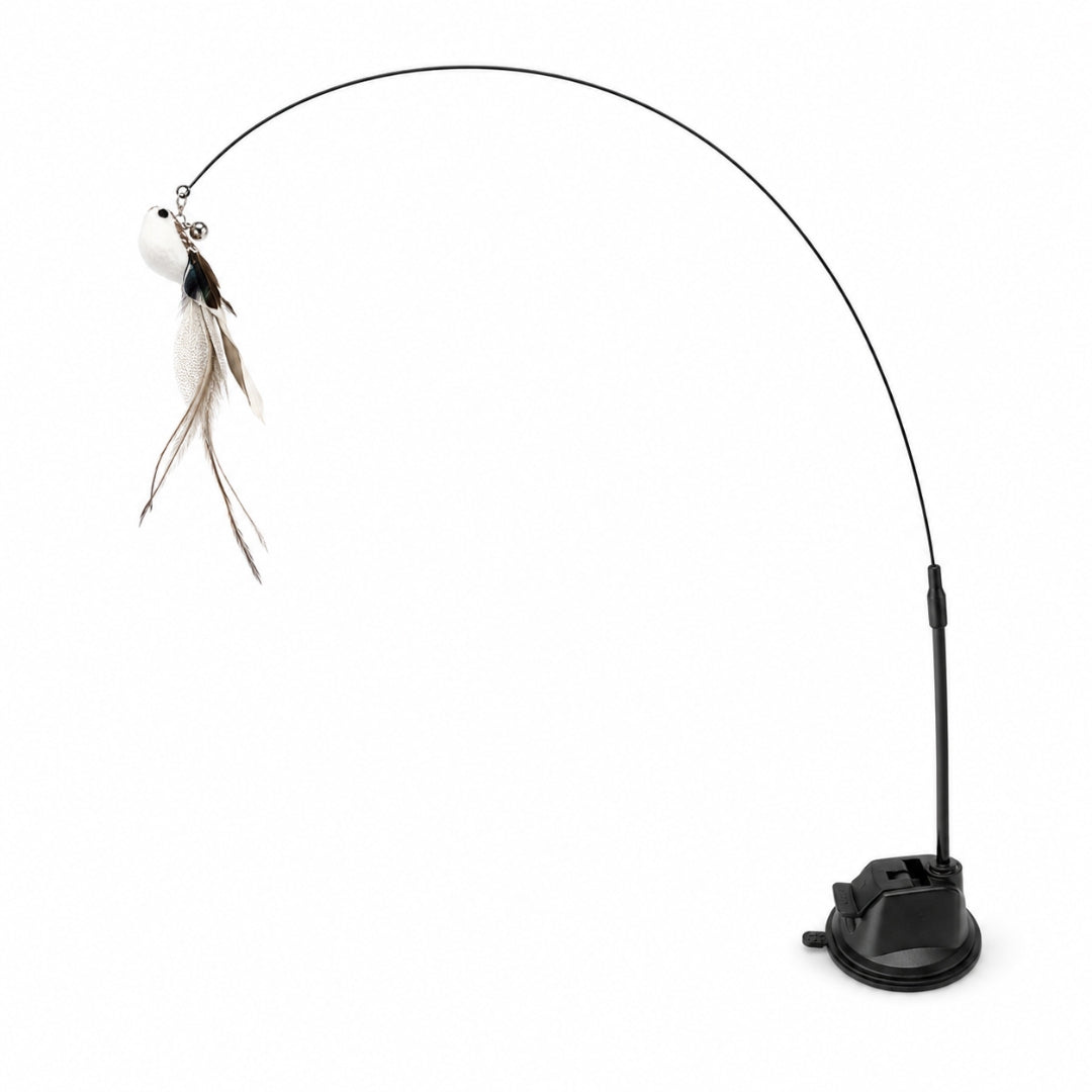 Interactive cat teaser wand with suction cup base and realistic feather bird
