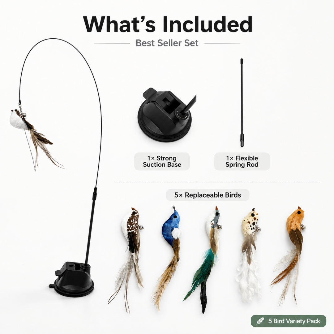Cat teaser wand set including suction base flexible rod and five replaceable feather birds