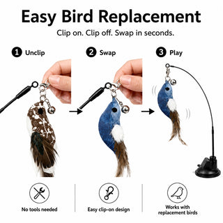 Easy clip-on replacement bird design for cat teaser wand toy