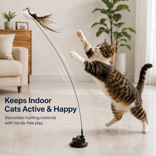 Indoor cat playing with interactive suction cup feather teaser toy