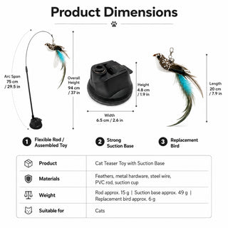 Product dimensions for suction cup cat teaser wand with replacement feather bird